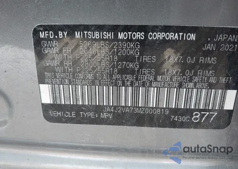 2021 Mitsubishi Outlander Gt S-Awc/Le S-Awc/Sel S-Awc from USA, damaged, VIN JA4J2VA73MZ000819